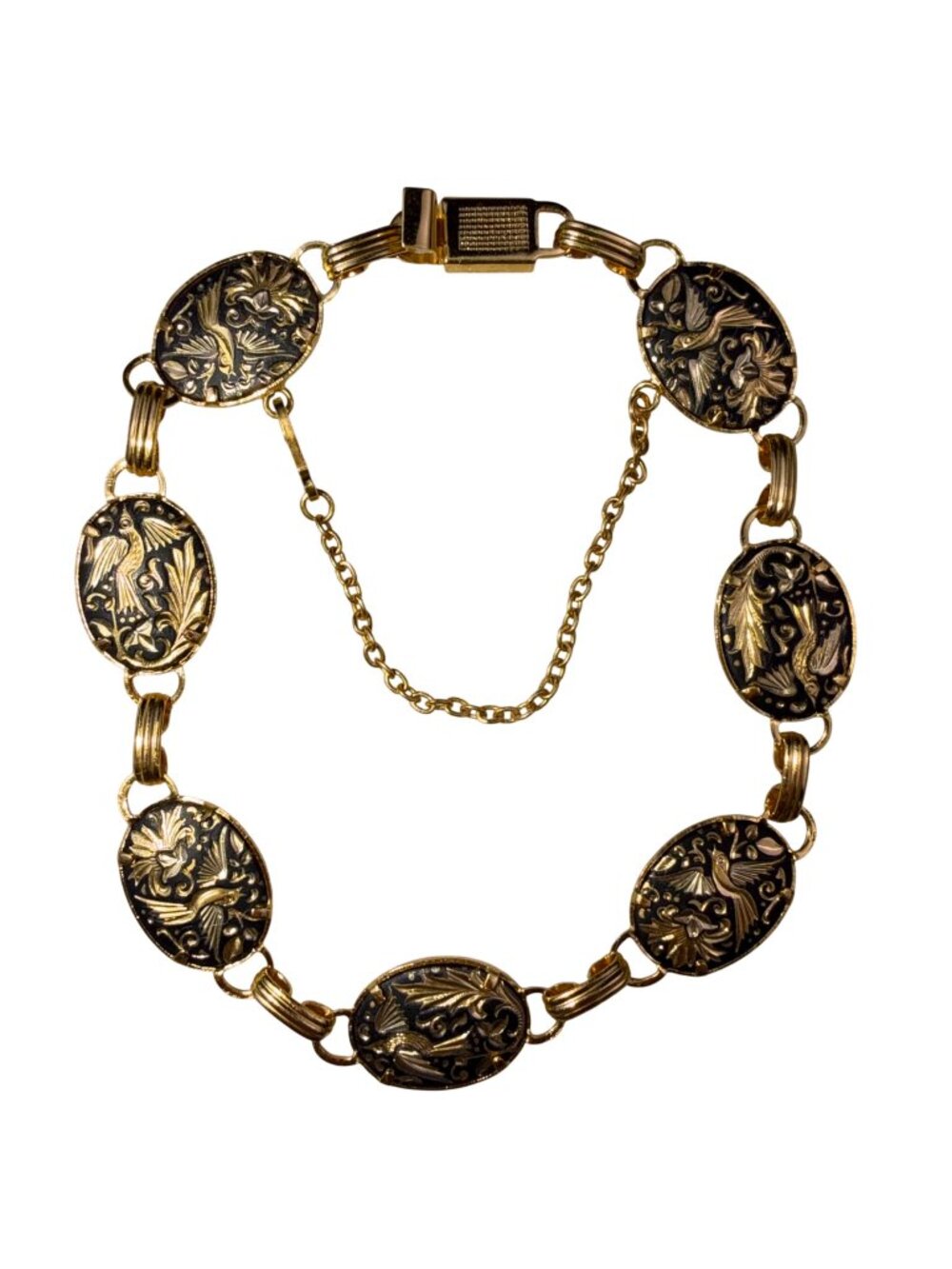 Gold Tone Ladies Black Oval Link Damascene Birds & Flowers Bracelet Toledo